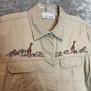 Vtg‎ Casey & Max Women Safari Sahara Travel Khaki Embroidered Canvas Top M
